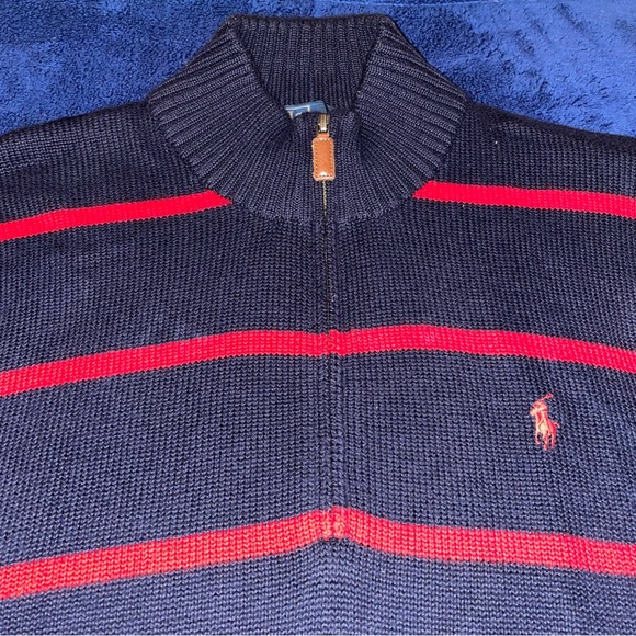 Polo Ralph Lauren Men’s Quarter Zip Sweater Navy Blue Red Striped Knit Pullover - Picture 3 of 5